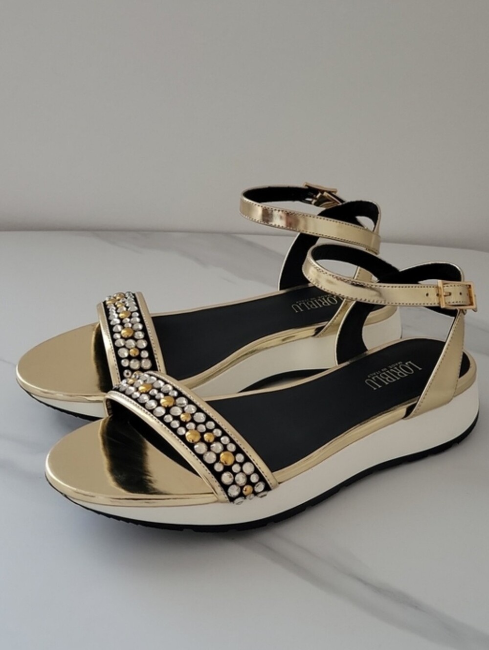 Loriblu Metallic Gold Jewel Ankle-Strap Sandals